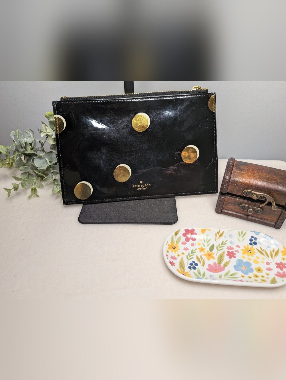 Kate Spade Black Patent Leather Gold Polka Dot Pouch Clutch Camellia Street